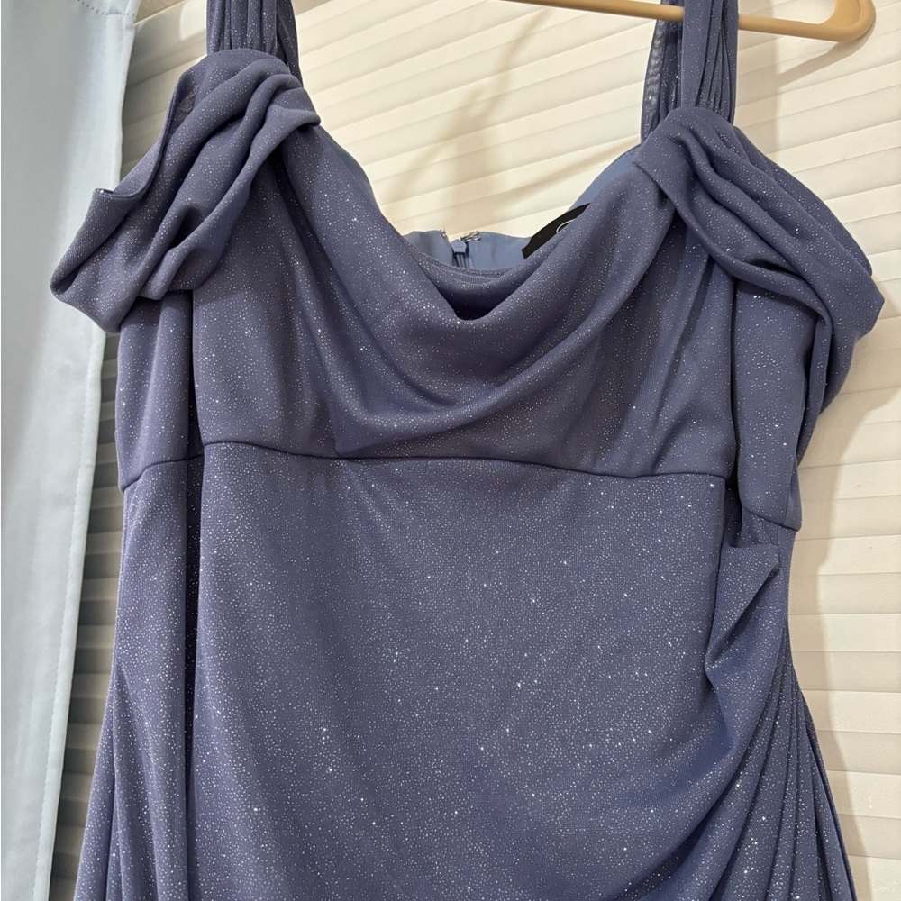 Alex Evenings Blue Ruched Maxi Gown Cold Shoulder - Picture 8 of 9